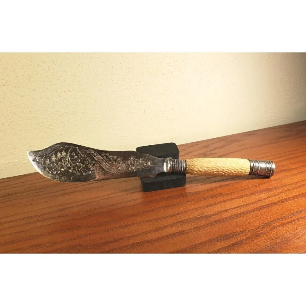Antique Edwardian Scroll Fish Serving Knife Silver Plate Bone Handle 1900s